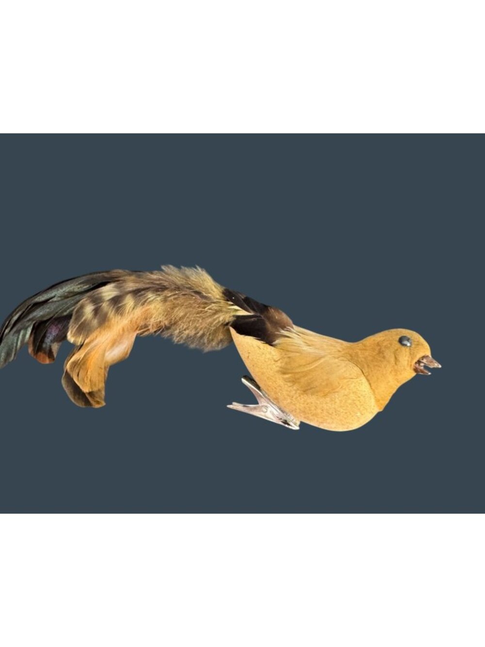 Vintage Clip On Bird Ornament Real Feathers Flocked Body Feather Tail Decor - Picture 2 of 7